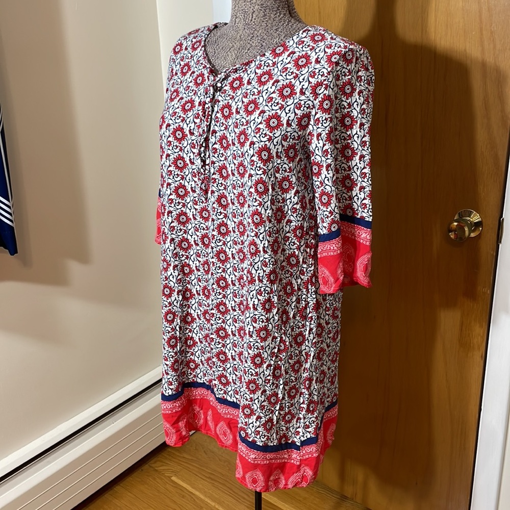 Espresso Womens XL Dress 1/2 Sleeves Floral Red White Blue Design - Picture 2 of 8